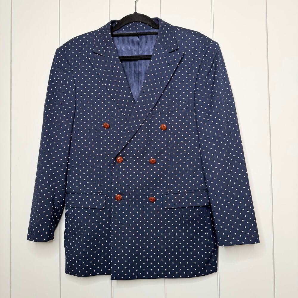 Lorenzo Bruno Polka Dot Blazer 38R Navy White Tailored Sport Coat Contrast Trim